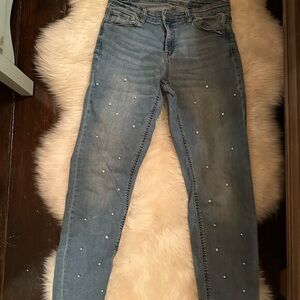 Pearl-Embellished Blue Boyfriend Jeans